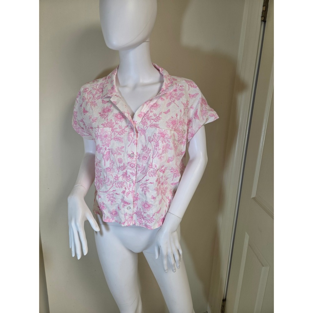 Francescas Pink Floral Butterfly Linen‎ Blend Button Down Shirt Small WS22918